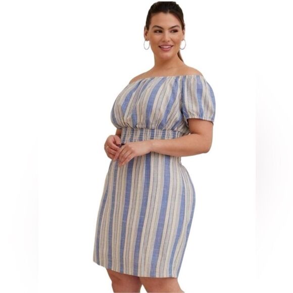 Torrid Mini Linen High Waisted Skirt in Natural Blue Stripe Size 3X NWT - Picture 2 of 14